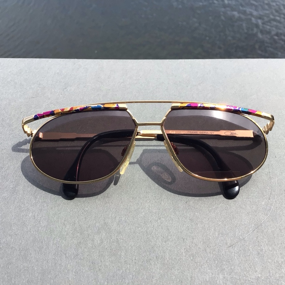 Cazal Germany Mod 254 Gold Aviator Sunglasses with Multicolor Top Bar